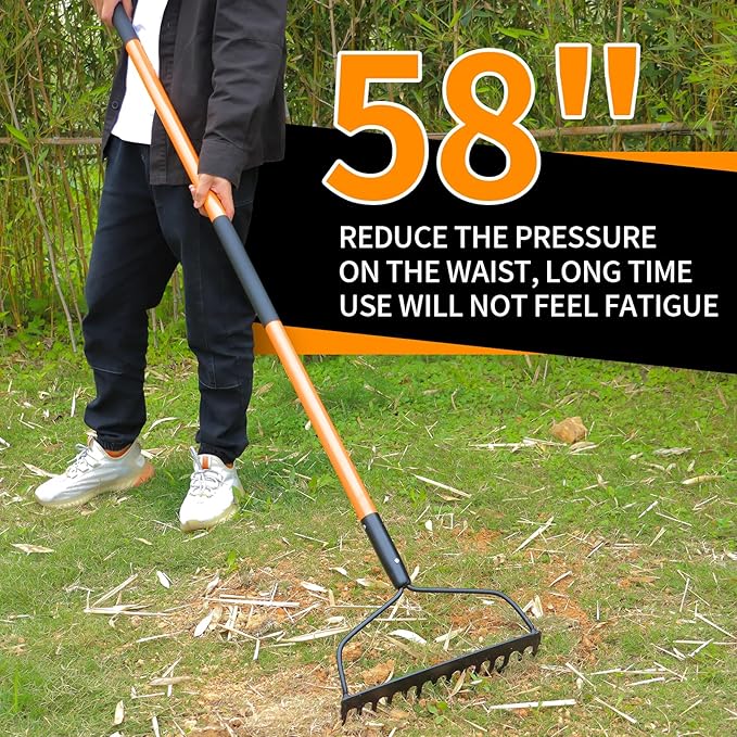 Garden Rake for Gardening, Heavy Duty Garden Rake for Lawns, 14 Tines Bow Rake with Fiberglass Handle, 58 Inches