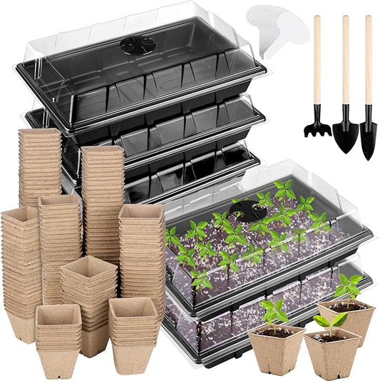 6 Pack Seed Starter Tray Kit with 120 Square Peat Pots for Seedlings, Including Plants Labels, Planting Tools, Growing Trays Plastic Germination Tray Paper Starter Pods for Plant Seeds, Black