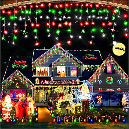 Hezbjiti Christmas Lights Outdoor Decorations,LED Christmas Lights 8 Modes 75 Drops Fairy String Curtain Lights for Christmas Decor Eaves Window Party Yard Garden (Red Green Cold, 1600LED 164FT)
