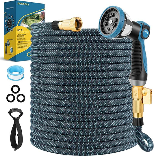 Non-Expanding Garden Hose 50 ft, Flexible Kink Free Water Hose with 10 Watering Spray Nozzle, Lightweight Hose Pipe, Leak-Proof, Durable, 3/4" Brass Alloy Connector, Portable Storage Strap