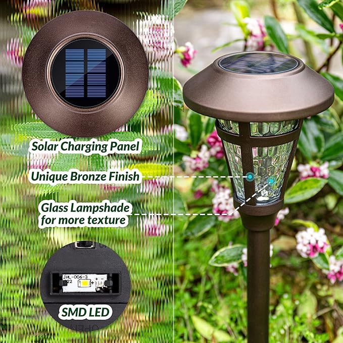 Solar Pathway Lights Outdoor 6 Pack, Warm White Lights Outdoor Waterproof, Bronze Finished Solar Garden Light for Yard Decor, Patio, Landscape, Lawn, Walkway, Pathway, Garden