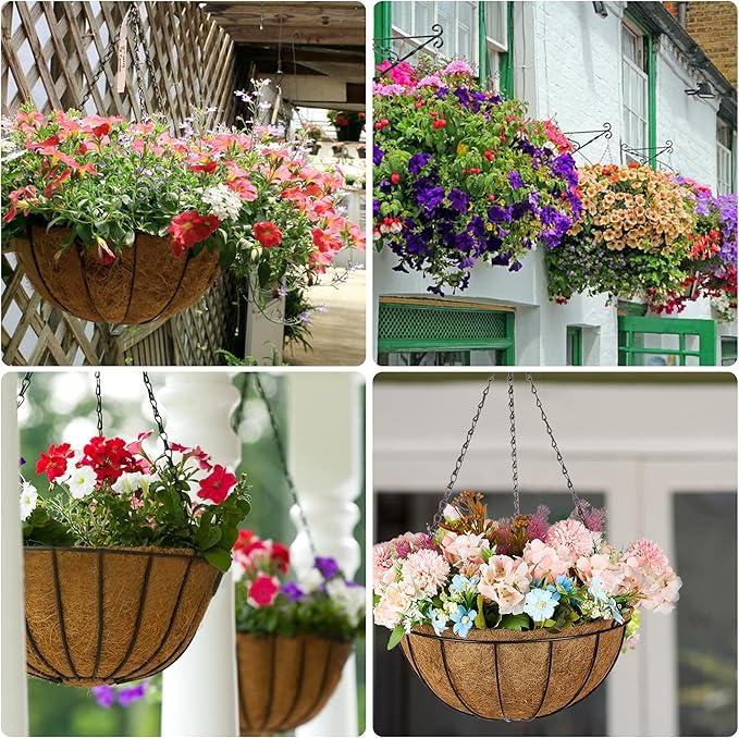 ZeeDix 2 Pack 14 Inch Metal Round Hanging Planter Basket with Coconut Liners Replacement, Hanging planters Baskets with Natural Coco Liner for Outdoor Indoor Planters Flowers Vegetables