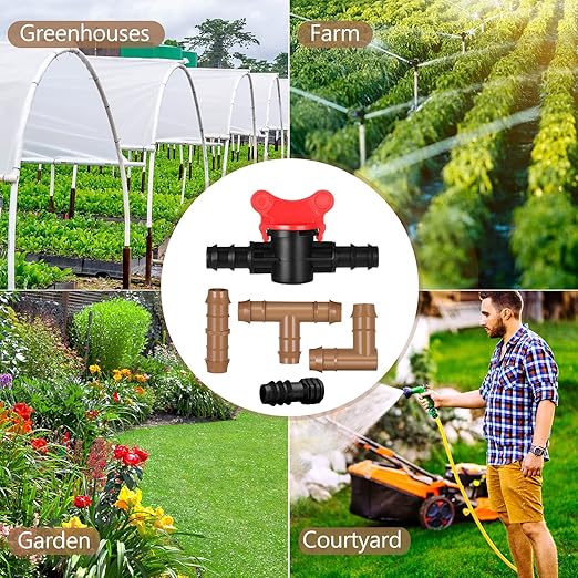 64 Pcs Drip Irrigation Fittings Kit 1/2 Inch Tubing Set Including 4 Switch Valve, 12 Elbows, 12 Couplings, 12 End Cap Plugs, 12 Tees and 12 End Closures Drip for Compatible Drip or Sprinkler Systems
