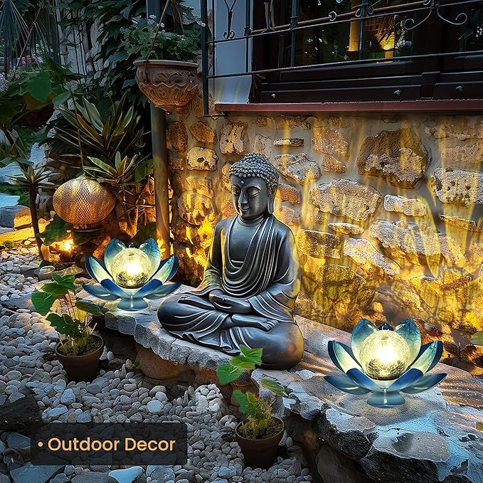 GIGALUMI Solar Light Outdoor Garden Decor, Lotus Flower Light Crackle Globe Glass Lantern Outdoor Table Decor Waterproof for Patio, Lawn, Pathway, Pool, Pond, Christmas Gift (Blue Petal)