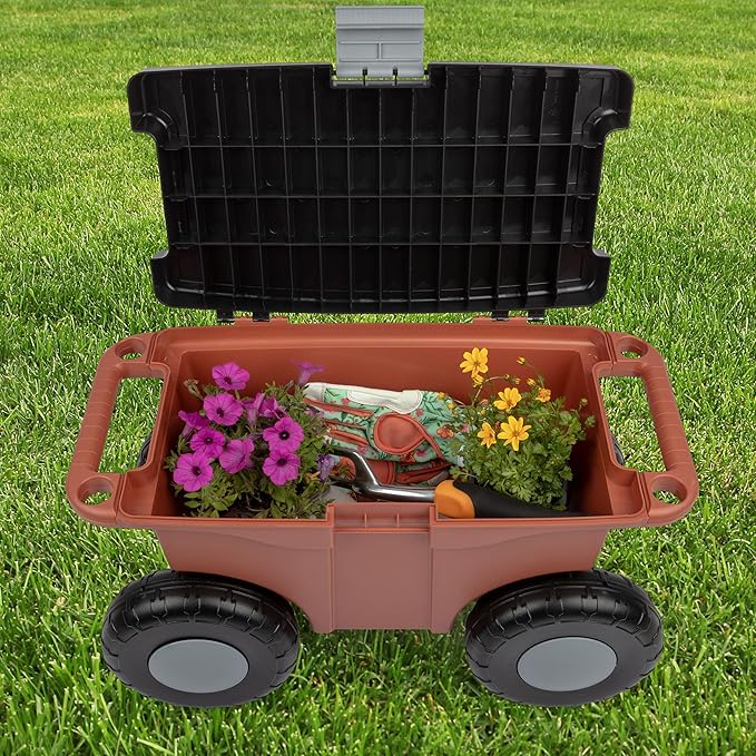 Pure Garden Rolling Garden Cart with Seat - Plastic Storage with Bench and Tool Tray - Gardening Stool for Weeding or Planting (Terracotta)