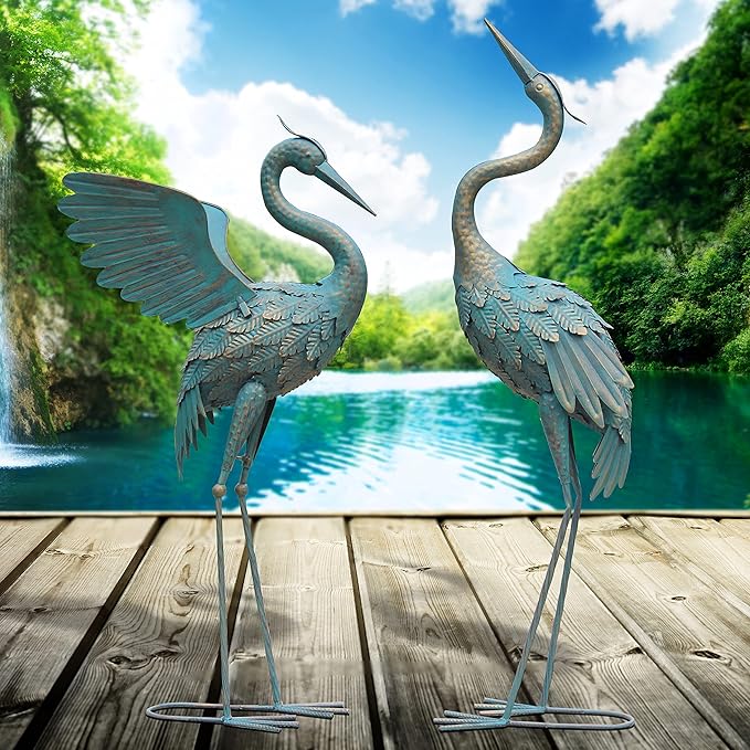 33-37 Inch Metal Crane Garden Statue Décor, Bird Garden Sculpture & Statues, Outdoor Decoration for Yard Patio Lawn Backyard Pool, Vintage Spread Wings Crane, Set of 2