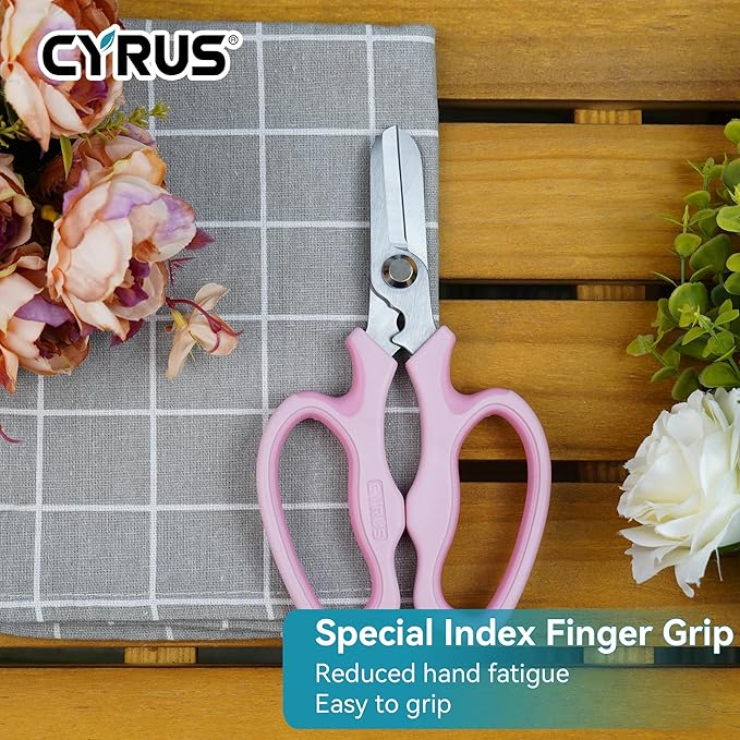 CYRUS Garden Shears Pruner Secateurs 7.5" Pruning Scissors with Integrated Stab Remover Flower Sharp Gardening hand tools Florist Bonsai Cutters Rose Snips Pink