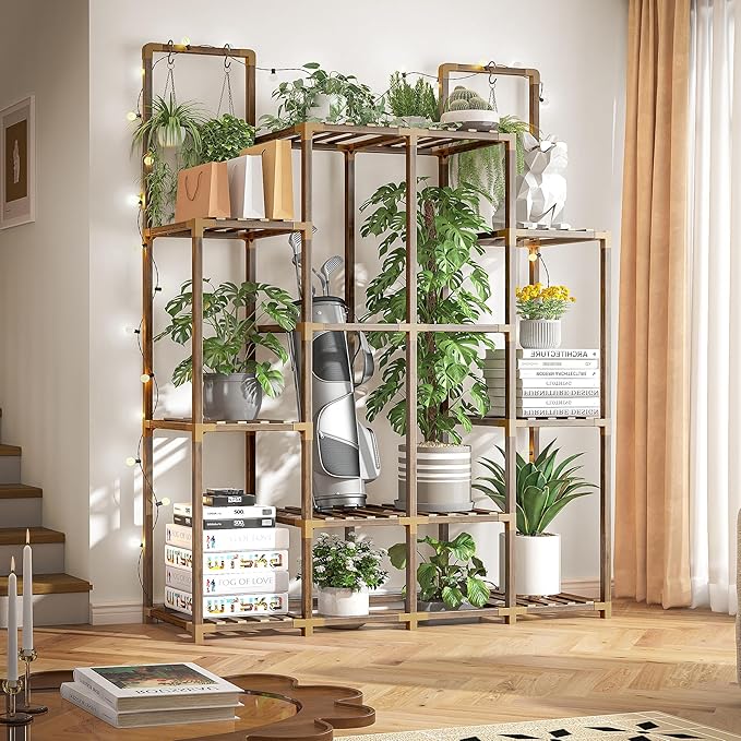 EnHomee Tiered Plant Stand Indoor Outdoor Wood Plant Shelf with 10 Potted & Double Rod Large Plants Holder Load-Bearing 440 LBS Plants Shelves Table 44.8''W*11.6''D*47''H