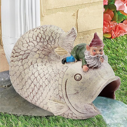 Gnome Fish Sculpture, Garden Animal Statue & Outdoor Decor, Eco-Friendly Resin Gutter Diverter Rain, Decorative Gutter Extension Downspout, Splash Block, Perfect for 3"x4" Downspouts