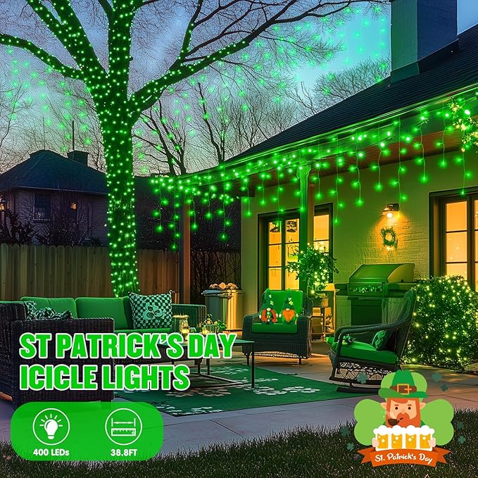JMEXSUSS 400 LED 38.8F Green Icicle Lights for St Patricks Day Decorations, Green Christmas Lights Indoor Outdoor, Green String Icicle Lights for House Fireplace Party Yard Decoration