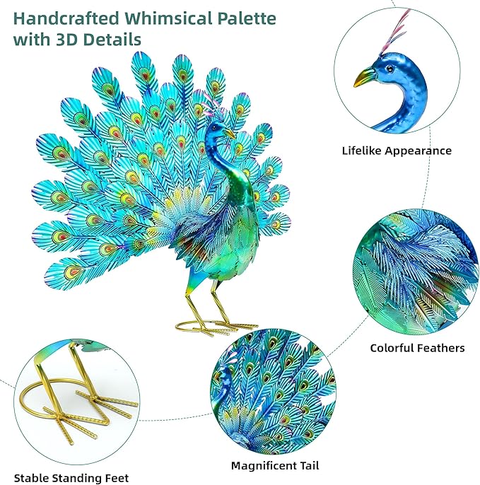 27.5" Tall Metal Peacock Garden Statue - Handmade, 3D Textured, Tail Spread Sculptures for Patio, Garden or Entryway.