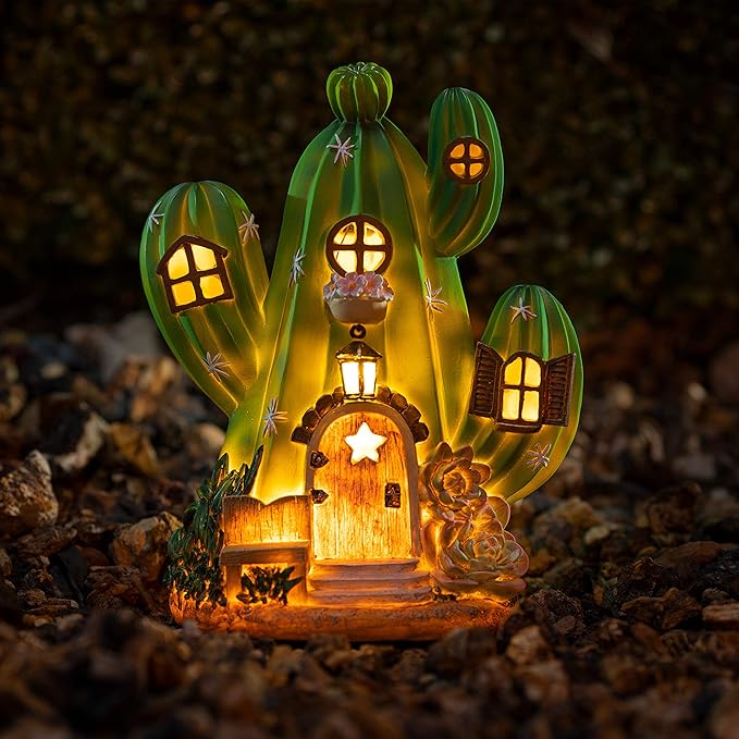 VP Home Enchanted Cactus Cottage Solar Light for Home and Outdoor Decor, Cactus Cottage Solar Powered Flickering LED Garden Light Cottage Backyard Halloween Decoration