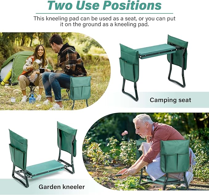 Simple Deluxe Garden Kneeler and Seat, Foldable Kneeling Stool with Thicker EVA Foam Pad Heavy Duty Bench, with Tool Pouch, Gifts for Outdoor Gardening, Fishing, Green