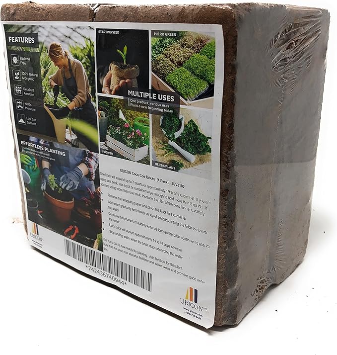 UBICON Easy Use Coco Coir Organic Top Soil for Indoor/Outdoor Plants; 8 Bricks Expands to 20 Gallons, Excellent Aeration, Free of Chemicals, and Retains Water (8)