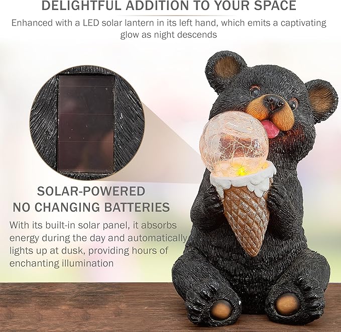 The Roo - Black Bear Solar Light Figurine - Outdoor Waterproof Garden Statue - Animal Garden Decor Light - Solar Lantern for Outside - Housewarming Gifts - Patio, Yard, and Lawn