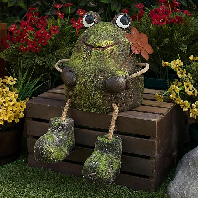 Alpine Corporation MCC834 Indoor/Outdoor Frog with Flower Garden Statue, Playful Frog Statue for Yard, 20" H, Green