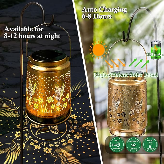 KY&BOSAM Solar Lanterns Outdoor Waterproof Hummingbird Garden Decor Birthday Gifts for Women Mom Grandma Hanging Solar Lights Outdoor Metal LED Lantern Outside for Yard Patio Backyard Porch Pathway