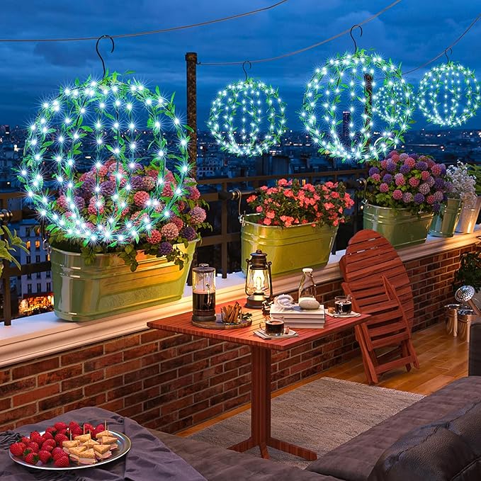 Joomer Solar Hanging Lights Outdoor, 2 Pack 12in 120 LED Solar Globe Lights, 8 Modes Waterproof Foldable Metal Sphere Light with Hook for Garden Yard Porch Decor- White (Ball with Green Leaf)
