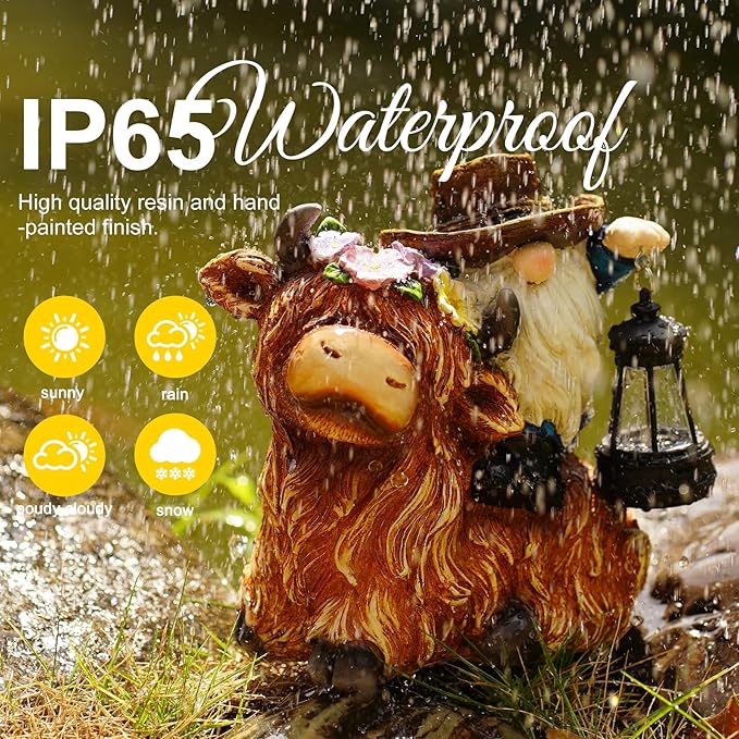 Solar Highland Cow Gnome Garden Decorative Statue - Detachable Lantern - Outdoor Fun Decoration, Suitable for Patio, Back Porch, Table Ornaments, Unique Housewarming, Birthday Gifts for Women, Mom