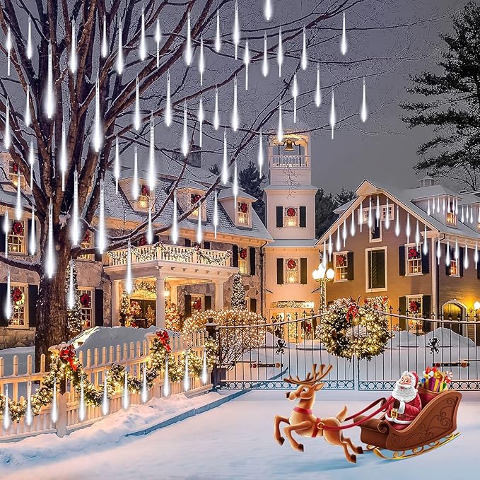 Solar Christmas Lights Outdoor Waterproof, Meteor Shower Lights Solar Powered, 16 Inches 8 Tube 288 LED Solar Icicle Tree Lights for Tree Bushes Holiday Parties Christmas Patio Decor, Pure White