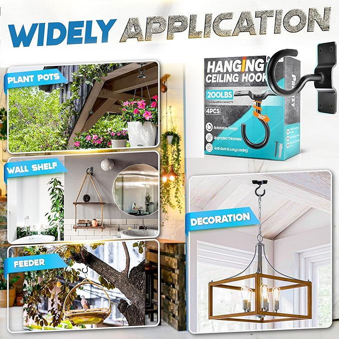 [UPGRADED] 4Pcs 200LBS Rotatable Ceiling Hooks with 4 Screw Points Base, Wall Mount Metal Hanger Black Ceiling Hook for Hanging Plant, Bird Feeder, Lights, Bed Canopy, Wind Chime, Indoor Outdoor Decor