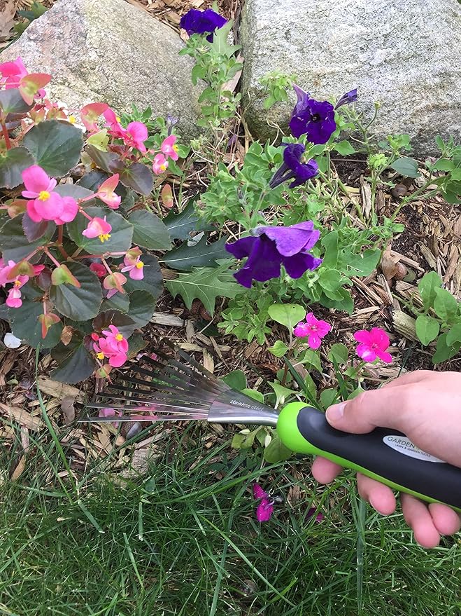 Garden Guru Stainless Steel Hand Rake Soil Tiller with Ergonomic Handle, Great for Gardening, Cultivating, Loosening Soil & Spreading Mulch