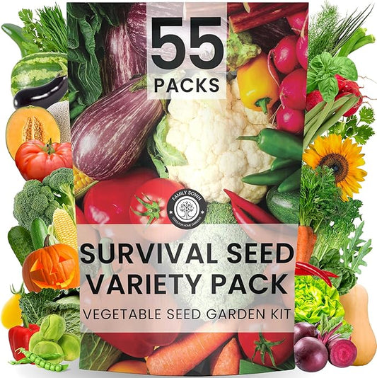 55 Vegetable Seeds | Survival Variety Pack | 2025 Season | Individually Packed Vegetables, Herbs and Fruits | Emergency Seed Vault for Doomsday Prepping | by Family Sown