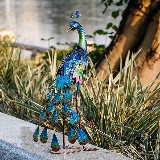 TERESA'S Collections Outdoor Decor Peacock Yard Art Garden Sculptures & Statues,Blue Small Metal Bird Lawn Ornaments,22.4" Outside Mardi Gras Decorations for Porch,Patio,Pond Decor,Gifts for Mom