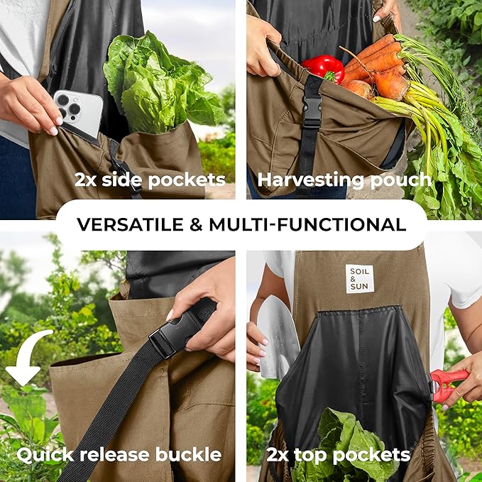 Soil & Sun Gardening Apron with Pockets and Harvesting Pouch - Durable Canvas Design for Men and Women - Convenient Tool Storage and Effortless Harvesting (Dark Beige)