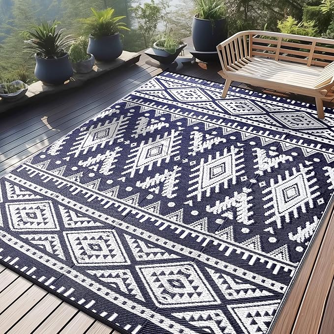 OLANLY Outdoor Rug Waterproof 9x12 ft, Reversible Outdoor Plastic Straw Rug, Boho Patio Rug, Indoor Outdoor Carpet, RV Mat Outside for Patio, Camp, Picnic, Balcony, Deck, Backyard, Navy & White