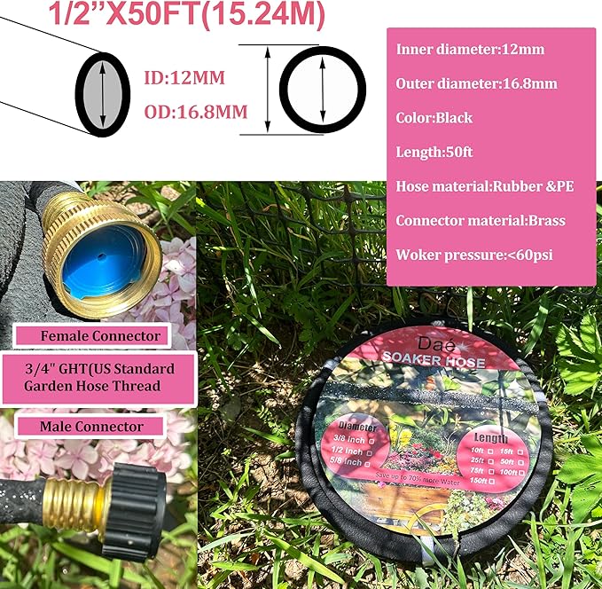Rubber Soaker Hose, 1/2 inch, 50ft Garden Hose for Irrigation,Water-Saving up to 70%, Brass Connector Leak-Proof, Heavy-duty Hose, Watering for Trees,Lawns, Vegetables and Flowers.