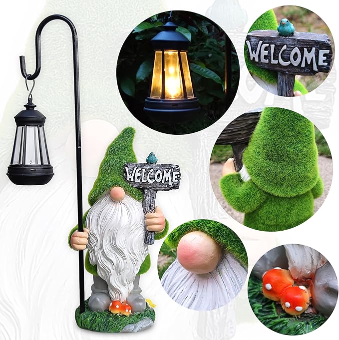 JOYBEE Garden Statues Gnomes with Solar Lantern Outdoor Decor-Gnomes Solar Figurines Lights Decorations for Patio Yard Lawn Ornaments-Gifts for Birthday Easter Housewarming