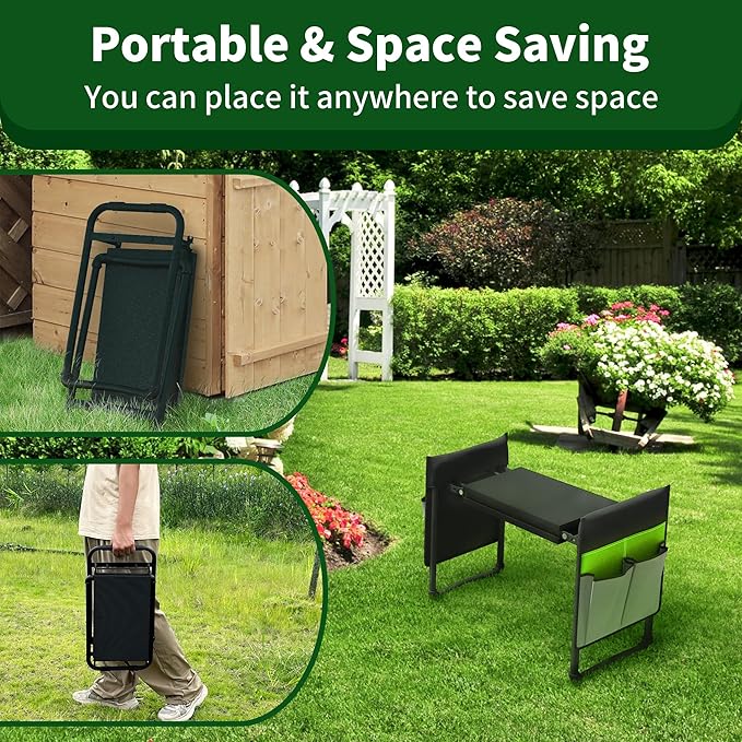 Garden Kneeler and Seat 2-in-1 Foldable Gardening Stool with EVA Foam Kneeling Pad Heavy Duty Garden Kneeling Bench with 2 Tool Pouches Great Gardening Gifts for Women and Men Seniors(Green)