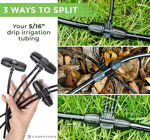 CARPATHEN Drip Irrigation Fittings Kit - 5/16” to 1/4” Connectors - (15-Pack) - 5 x Barbed Tee Connector for 5/16 to 1/4 Irrigation Tubing - 5 x Tee Splitter for 1/4 tubing - 5 x 1/4 End Plugs