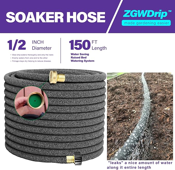 Soaker Hose 150 FT,1/2 Inch Soaker Garden Hose with 3/4" Solid Brass Connectors Save 80% Water Drip Irrigation Kit for Lawn/Yard Landscaping beds