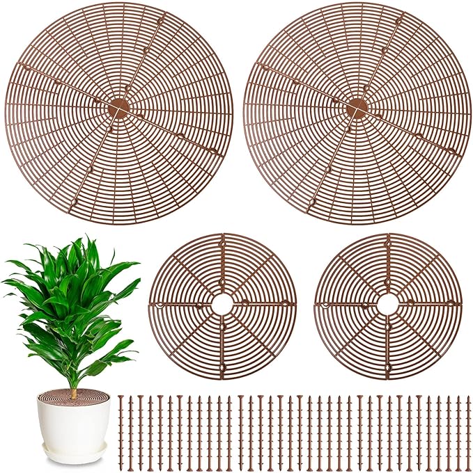 4 Pcs Plant Pot Grid Soil Protector Covers Cuttable Flower Cover from Animals 20.5" 11.8" Cat Digging Stopper Plant Pot Cover with Stakes for Indoor Outdoor Gardening(Brown)