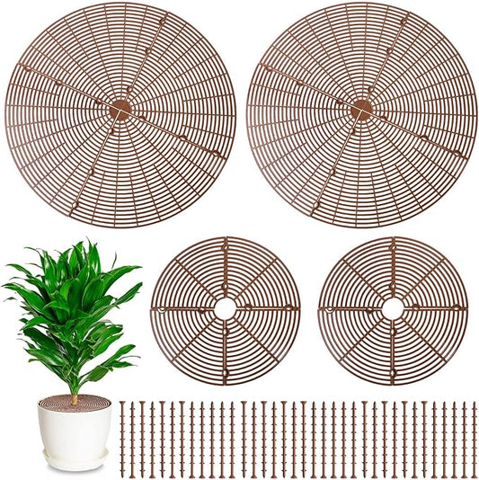 4 Pcs Plant Pot Grid Soil Protector Covers Cuttable Flower Cover from Animals 20.5" 11.8" Cat Digging Stopper Plant Pot Cover with Stakes for Indoor Outdoor Gardening(Brown)