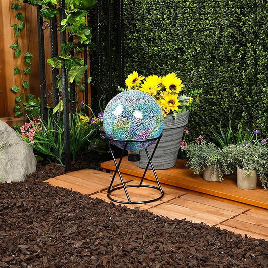 Alpine Corporation HMD226 Shades of Blue Crackle Glass Gazing Ball, Colorful Home Décor for Patio & Garden, 12" H, Multicolor