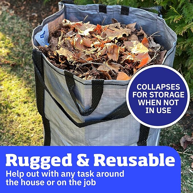 DURASACK Heavy Duty Home and Yard Waste Bag 48-Gallon Woven Polypropylene, Reusable Lawn and Leaf Garden Bag with Reinforced Carry Handles, Pop-Up Self-Standing Garbage Can, Gray, Pack of 3