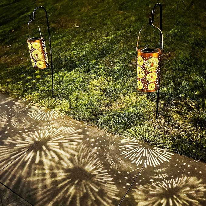 Mothers Day Gifts, Fireworks Solar Lanterns Outdoor Hanging, Hollowed-Out Metal Waterproof LED Garden Decor Light for Patio Yard Pathway Lawn Front Porch Tree, Birthday Gifts for Women Mom Grandma
