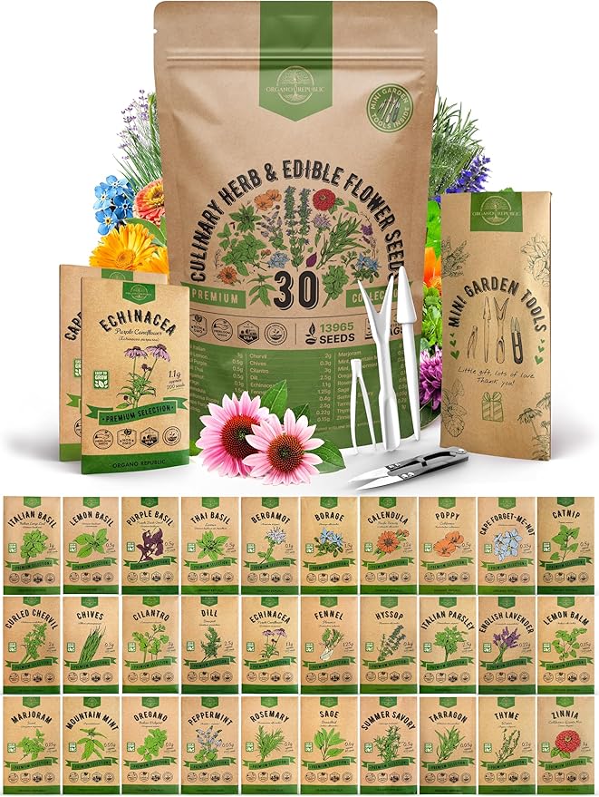 Organo Republic 30 Culinary Herbs & Edible Flower Seed Variety Pack- Indoor/Outdoor. 14000+ Non-GMO Heirloom Flower Seeds: Basil, Borage, Echinacea, Lavender, Oregano, Rosemary Seeds & More