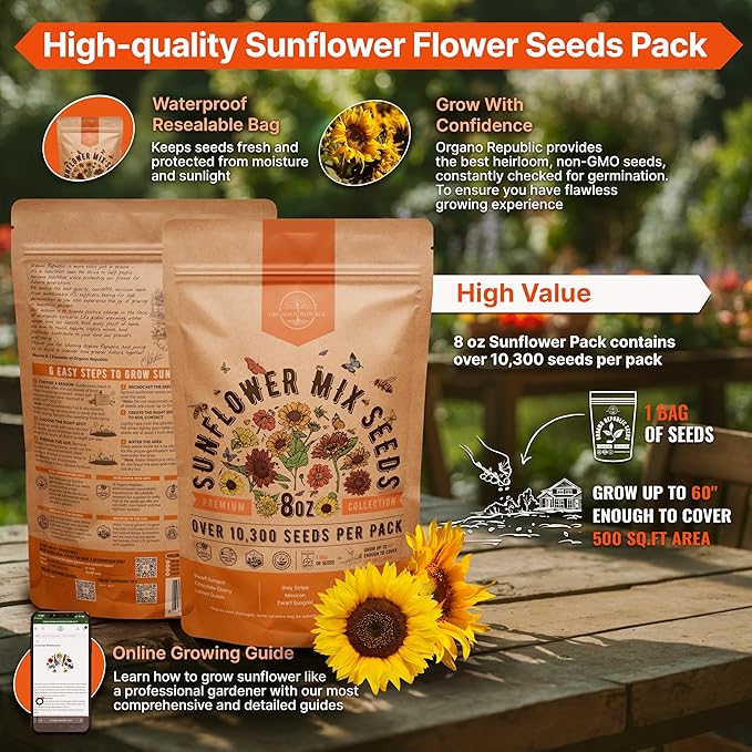 Sunflower Mix Seeds Pack 8 oz - Over 10,300 Non-GMO Heirloom Sunflower Seeds for Planting, Annual Flowers in Individual Seed Packet, Sunflower Seeds for Planting Home Garden Indoor & Outdoor Gardening