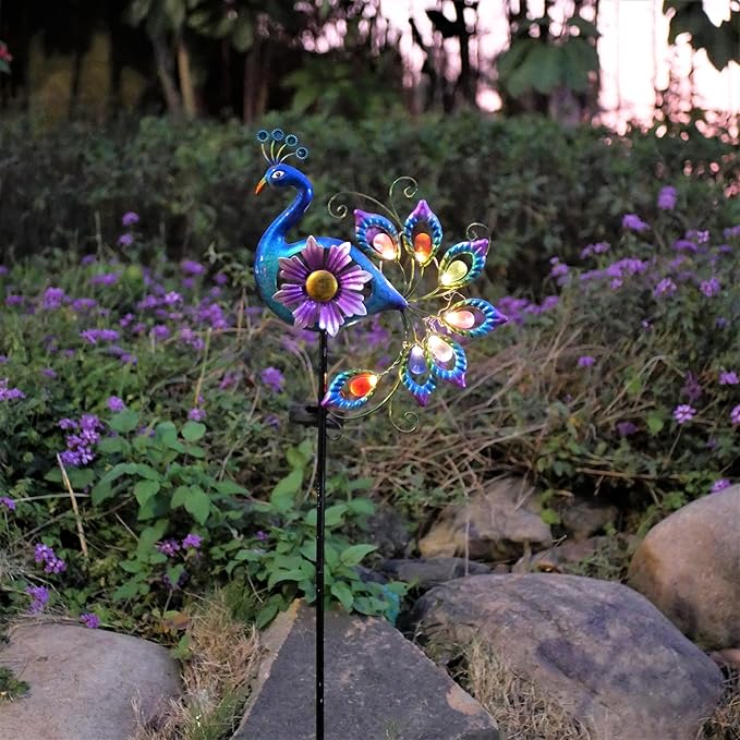 Solar Peacock Statue, Garden Metal Stake Lights Yard Decorations Outdoor,Perfect Peacock Gifts for Women, Ornaments,Mothers Day Ideal Gifts（Solar Peacock Flower ）