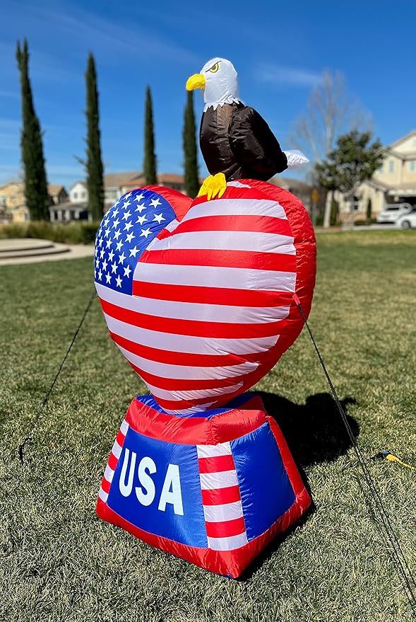 5 Foot Tall Patriotic Independence Day 4th of July Inflatable Love Heart with American Flag and Bald Eagle Pre-Lit LED Lights Outdoor Indoor Lawn Yard Holiday Decoration Blow up Home Garden Decor