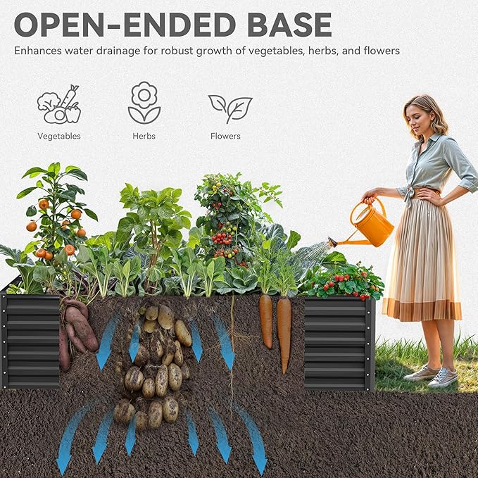 YITAHOME 96x48x24 in Galvanized Raised Garden Bed Kit, Large Metal Planter Box with Gloves, Safety Rubber & Support Rod, Outdoor Flower Bed for Plants Vegetables, Black