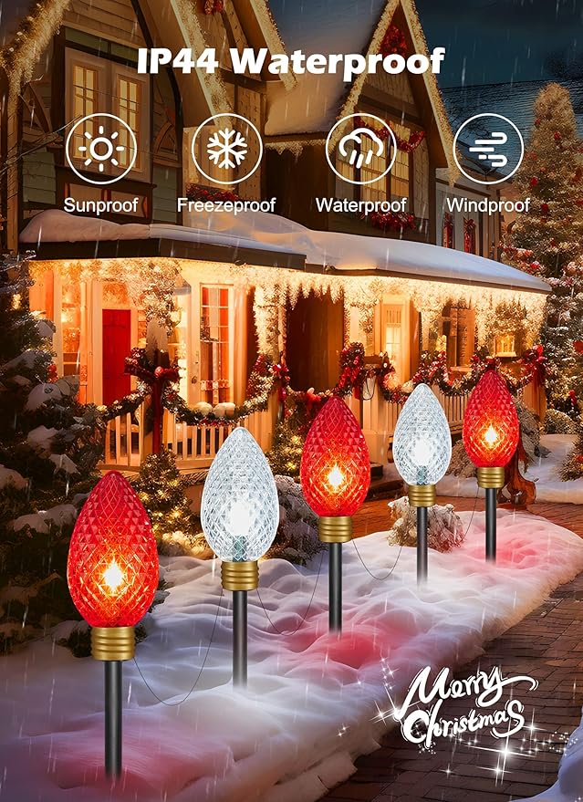 Brightown Strawberry Super Jumbo C9 Christmas Pathway Lights Outdoor - 11 Feet 5 LED Jumbo C9 Pathway Lights, Giant Christmas Lights Outdoor Decorations for Lawn Holiday Yard Outside, Red & White