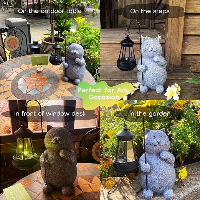 BIRD'S CRADLE Blissful Cat Solar Garden Statue - Outdoor Art Decor, Cat Lovers Themed Gift, Unique Patio, Balcony, Yard, Birthday, Housewarming Gardening Figurine Gifts for Mom, Grandma, Wife, Women