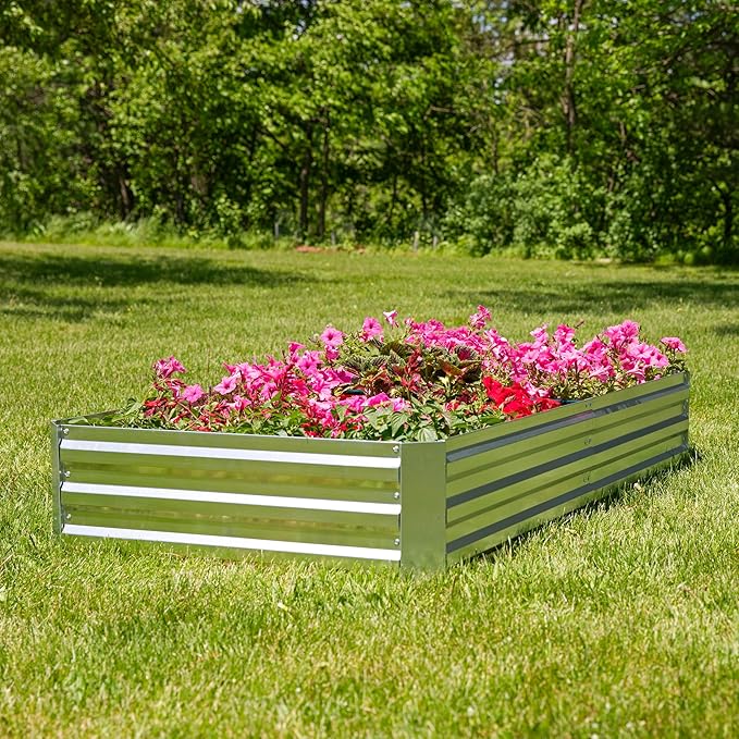 Sunnydaze Galvanized Steel Rectangular Raised Garden Bed - for Flowers, Plants, and Vegetables - Silver - 3 x 6 ft