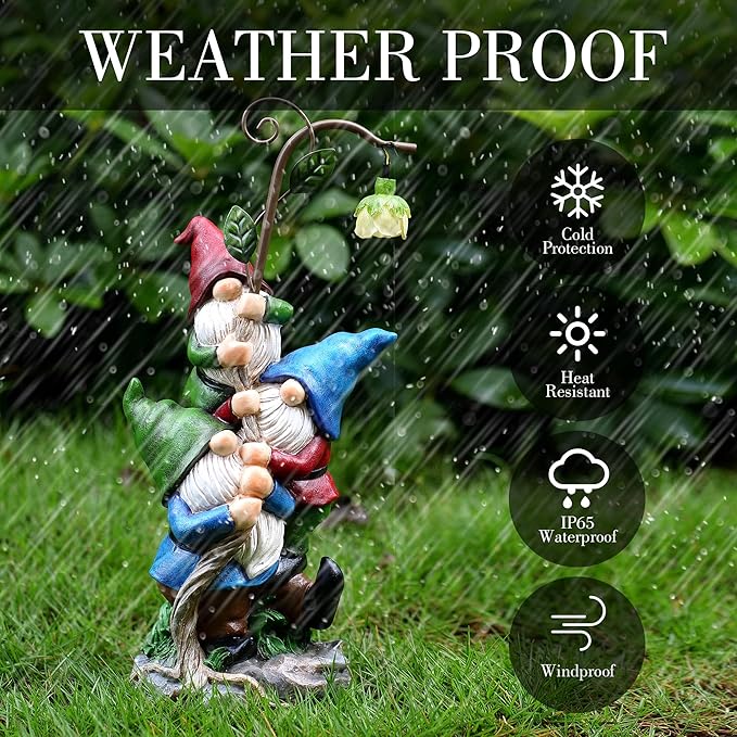 Gnome Figurine Garden Decor, Solar Resin Gnomes Outdoor Statue, Funny Gnome Gift Sculpture Decoration for Home Patio Yard Lawn Porch Ornament