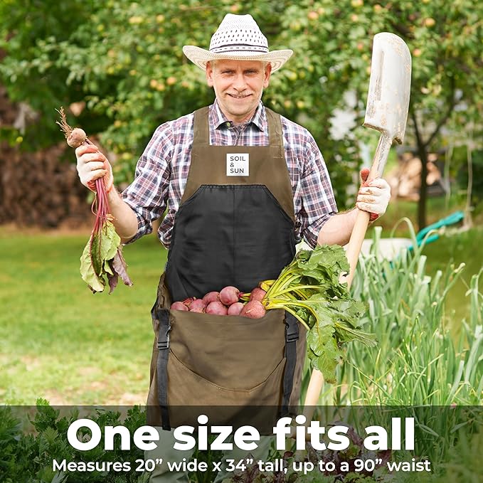 Soil & Sun Gardening Apron with Pockets and Harvesting Pouch - Durable Canvas Design for Men and Women - Convenient Tool Storage and Effortless Harvesting (Dark Beige)